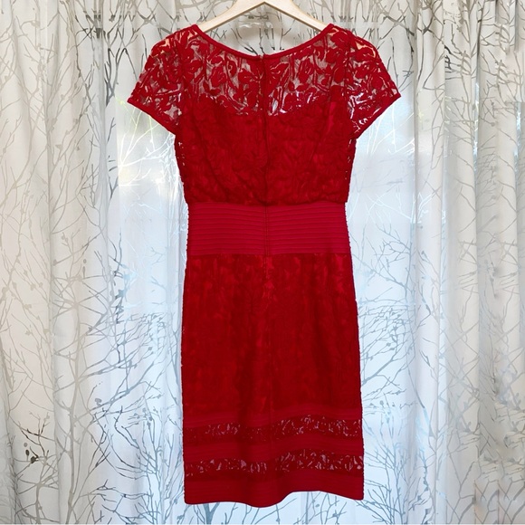 TADASHI SHOJI RED PLEATED BLOUSON WAIST SHEER EMBROIDERED LACE CAP SLEEVE DRESS - Picture 7 of 16